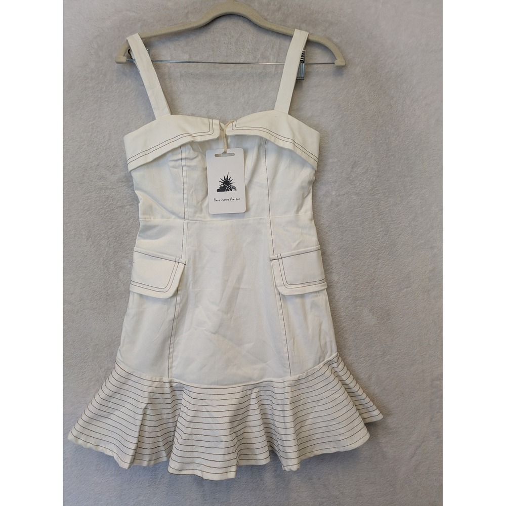 NEW Here Comes The‎ Sun Mini Dress Women's S White Contrast Stitch Ruffle Hem
